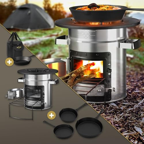 BBQ#BOSS Four-Fusée avec Poêle à Griller, Sac de Transport, en Acier Inoxydable, Argent + set de 3 Poêles à Steak en Fonte, Réchaud de Camping à Bois, Double Porte, Four de Camping BBQ, Dutch Oven