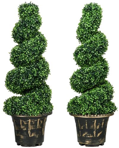 HOMCOM Set of 2 Decorative Artificial Plants Topiary Spiral Boxwood Trees in Pot, Fake Plants for Home Indoor Outdoor Decor, 90cm