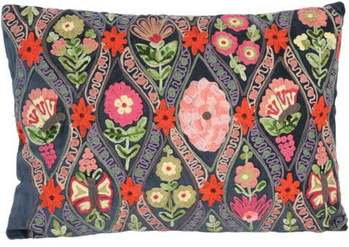 Casa Moro Deko-Kissen Jolina DUNKELBLAU 48x30 cm mit Füllung & mit Blumen Schmetterlingen Bestickt Boho Chic Zierkissen bunt rechteckig KI10011