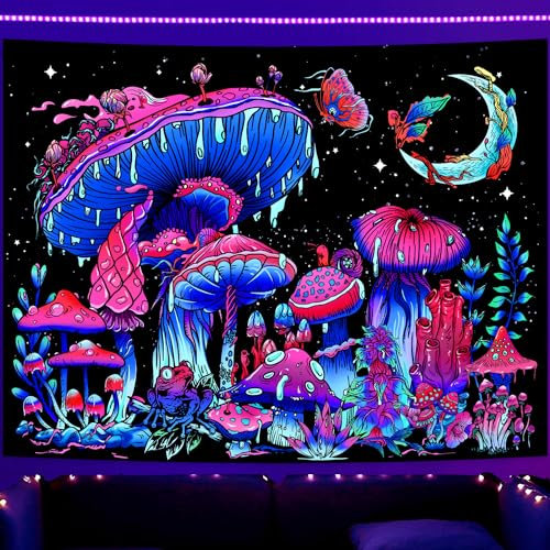 Simpkeely Schwarzlicht Pilz Wandteppich, Mond Sterne Schmetterling Frosch Fantasy Wandbehänge, UV-Reaktiv, Leuchtet im Dunkeln. Mystischer Nacht-Wandteppich fürs Schlafzimmer - 130cm x 150cm
