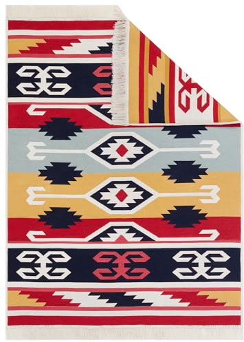 TAPISO Azteca Teppich Kurzflor mit Fransen Baumwolle Beidseitig Anwendbar Waschmaschinenfest Schwarz Rot Bunt Vintage Design Wohnzimmer Schlafzimmer ÖKOTEX 140 x 200 cm