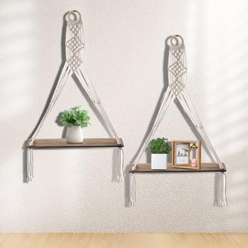 TOATELU 2 Stück Wandregal Holz Makramee Regal, Handgewebte Schweberegal, Boho Makramee Wanddeko, Wandregal Holz Hängeregal, Quaste Handgewebte Natürliches Treibholz Regale für Wohnzimmer Schlafzimmer