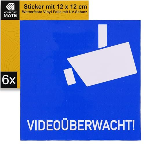 Aufkleber Set Videoüberwacht!, 6 Stück, 12 x 12 cm, selbstklebende Folie, Sticker zum Kleben für Innen- und Außenbereich, Video Kameraüberwachung Hinweis, Warnhinweis Überwachung Videokamera Kit