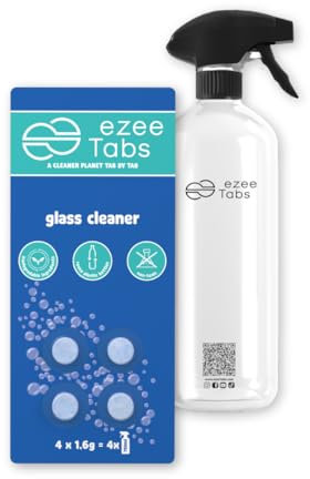 EzeeTabs Glass cleaner Bundle – Cleaning tabs for a microplastic-free, biodegradable and vegan cleaning product – 4 x Cleaner for streak-free shine and 1 x reusable bottle