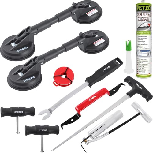 TECPO Scheiben Ausbauwerkzeug Set + Gummi Dopppelsauger Ø118mm + Scheibenkleber, 310ml
