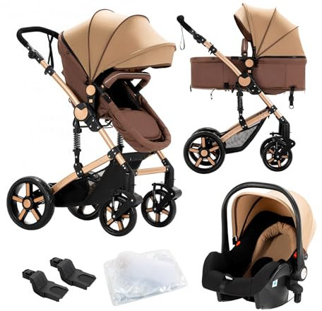 Nine point nine Trio Passeggino Neonati, Passeggino 3 in 1 con Doppia Modalità Spinta Reversibile, Carrozzina per Neonati con Grande Nacelle, Passeggino Trio con Telaio in Alluminio (588 Khaki)