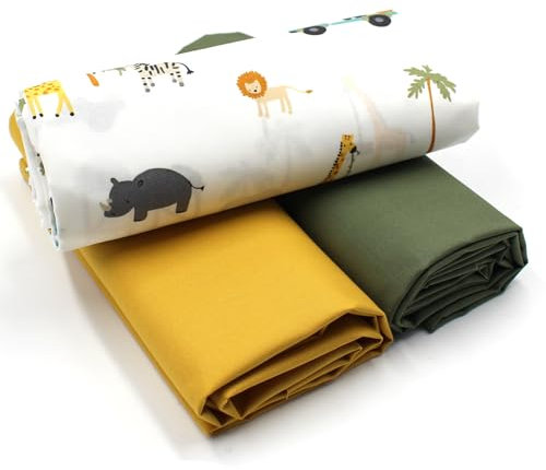 VmG-Store 1,5m Baumwollstoff Set Designstoff + 2x Uni farblich abgestimmt 100% Baumwolle Material Auswahl (Safari Tiere Set31)