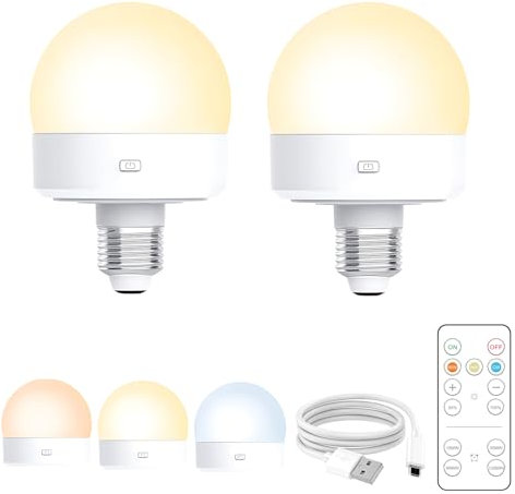 Hoquare USB Rechargeable E27 Light Bulb, 2pcs Remote Control LED Light Bulbs with Timer and 3 Color Changing, Battery Powered Detachable LED Bulb for Home Wall, Hanging Lights, Non Hardwired Lamps