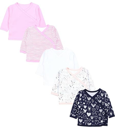TupTam Baby Mädchen Langarm Wickelshirt Baumwolle 5er Set, Farbe: Streifen Blumen Herz Rosa, Größe: 62