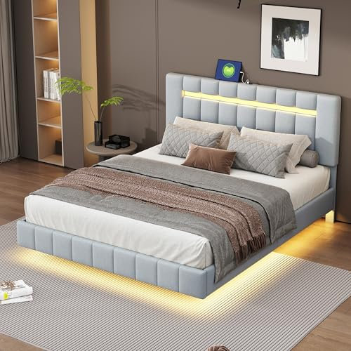 FEZTOY Polsterbett 160 x 200 cm, Bett Schwebebettrahmen mit LED-Leuchten und 2 USB Anschlüsse, Doppelbett, Gästebett in hautfreundlichem Leinen, Ohne Matratze,Grau