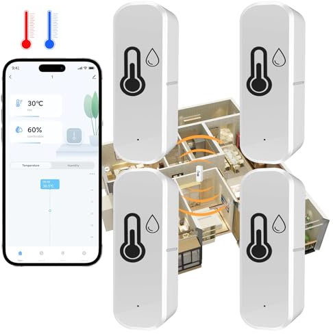 Thermomètre Hygromètre Wifi pour surveillance de la température et de l'humidité intérieure et extérieure, fonctionne avec l'application Smart Life/Tuya, compatible avec Google Home, Alexa, 4 pièces
