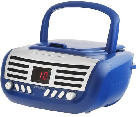 Memorex Lecteur CD rétro AM/FM à chargement par le haut, stéréo portable avec mémoire programmable, entrée auxiliaire et écran LED (bleu)