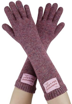 Andiker Thermohandschuhe für Frauen, gestrickte Wolle Daumen und Zeigefinger Touchscreen Handschuhe, warme weiche elastische Winterhandschuhe für den Innenbereich (Lila, Lang)