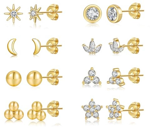 Senteria 8 Pares Pendientes Tuerca Oro para Mujer 14K Chapados Oro de Circonita Hipoalergénicos Pequeños aretes Tuerca Plata para Cartílago Mujeres