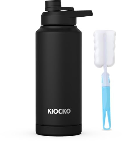Kiocko Gourde Bouteille Isotherme avec Couvercle à Sport - En Acier Inoxydable - 1l/800ml/600ml - Sans BPA - Anti-fuite - Pour Enfants,école, Sport, Cyclisme, Fitness, Garçons,Fille,Noir