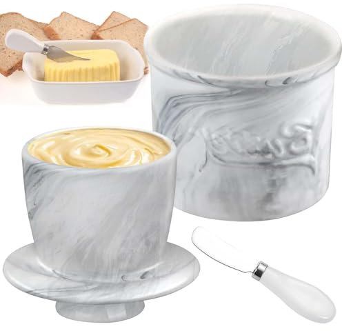 BAIFULAI Beurrier Eau Refroidie: 1 pièce Beurrier en céramique, avec Couteau à Beurre en Acier Inoxydable, pour Beurre tartinable (10 x 10 cm, Motif marbré)