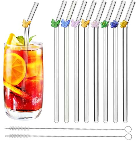 Hejo 8 Pcs Glass Straws, Reusable Long Glass Straw Drinking Personalized Clear Straws with Flowers and Butterfly, Transparent Straw with 2 Cleaning Brushes for Milk, Juice and Coffee (20cm)