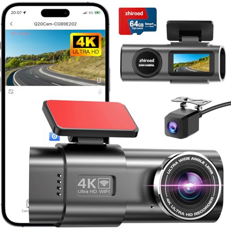 4K Dash Cam Front and Rear,Dual Channel Dash Camera for Cars WiFi Dashcam with 64GB SD Card,Smart App Control,Super Night Vision,WDR,Time Lapse,Parking Mode,G-Sensor,Loop Recording,Support Max 256GB
