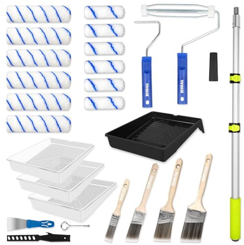 Rhibak Farbroller-Set mit Verlängerungsstange, Farbrollerrahmen, Farbwannen, Schaber für professionelle Malerei, Hausfarbroller für alle Latex- und Ölfarben und Flecken