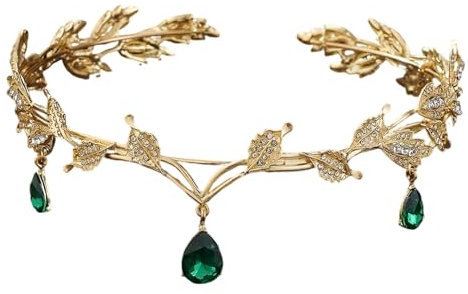 SHUOHONG Elfen Kopfschmuck, Prinzessin Kristall Elfenkrone, Vintage Strass Diademe Stirnband, Waldfee Kopfschmuck, Kopfband der Frau Blumen und Blätter Krone Haarband für Braut Brautjungfern (Grün)