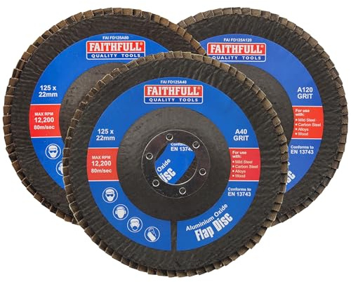 Faithfull FAIFD125AM3 125mm Flap Disc Aluminium Oxide Set – 40/80/120 Mix Grit, Angle Grinder Discs for Sanding Steel, Wood, Alloys – 3PCS