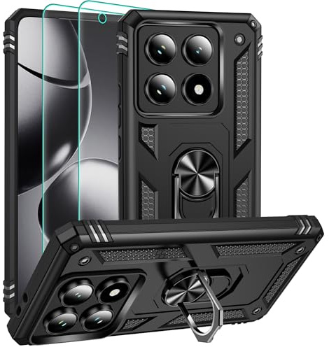 Handyhülle für Xiaomi 14T Pro Hülle : 14 Fuß Fallschutz nach Militärstandard Hülle mit Schutzfolie,360° Metall Ring Ständer,Stoßfest/Kratzfest/Fallsicher Schutzhülle für Xiaomi 14T Pro 5G-Schwarz