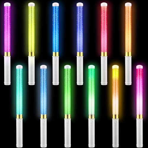 Glooglitter 12 Pcs Glow Sticks Reusable 15 Colors LED Light up Stick Bulk Glow in the Dark Party Supplies Flashing Bright Lightsticks with Aaa Battery Powered for Concert Halloween Carnival (White)