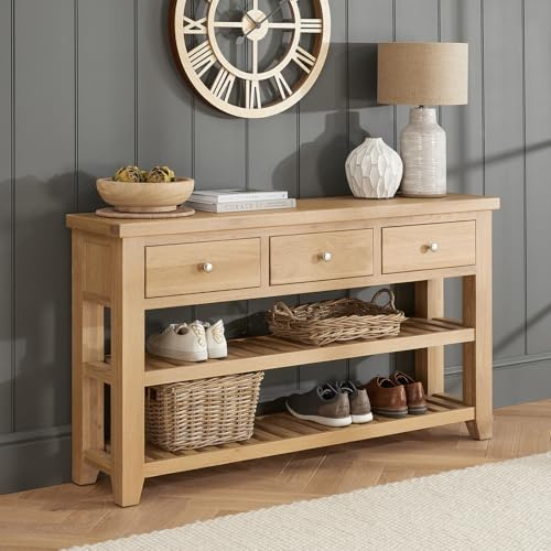The Furniture Market Cheshire Whitewash Oak 3 Drawer Console Table | Solid Oak Hallway Table | Whitewashed Finish | Slatted Shelves | Shaker Style | Fully Assembled | H800 x W1425 x D345mm
