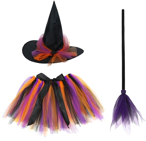 Meleager Hexenkostüm Kinder, Halloween Kostüm Mädchen Hexe mit Hexenhut, Tüllrock und Besen, für Halloween, Karnevals, Cosplay