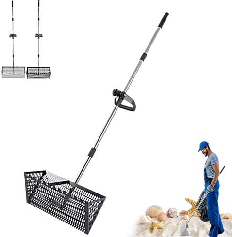 Rastrillo de Arena de Playa, rastrillo de Acero al Carbono para pulgas de Arena, colador de Arena con Cesta Trapezoidal Plegable para Conchas de mar, pulgas de Arena, cangrejos,el tamiz Viene con