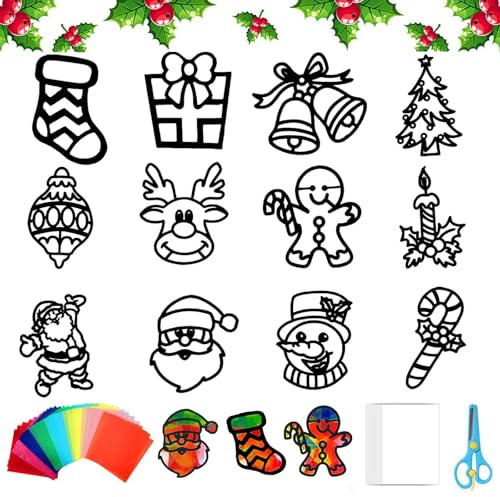 DTXYBC Weihnachten Basteln Kinder, 12 Stück Fensterbilder Weihnachten Basteln, Bastelvorlagen für Weihnachts Kinder, Fenster Sticker Schablonen, Weihnachtens Advent Silvester Kreative Geschenke