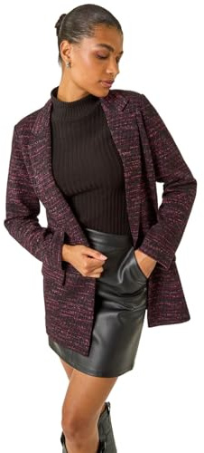 Roman Originals Women Longline Textured Jersey Blazer - Ladies Smart Casual Formal Office Work Meeting Interview Ceremony Lapel Mock Pocket Detail Marl Look Long Sleeve Jacket - Pink - Size 16