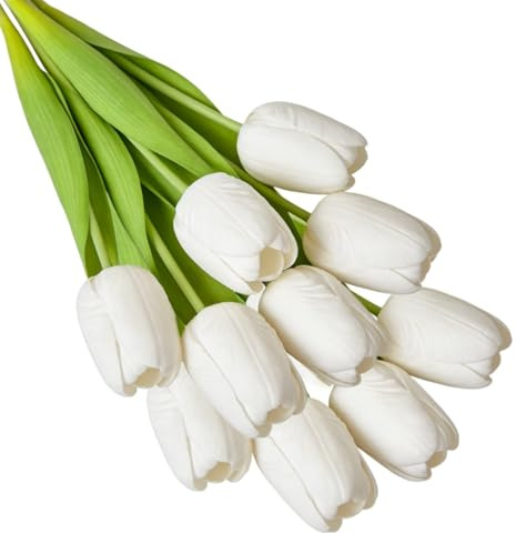 YELIKIT 10 Stück Künstliche Blumen Tulpen Real Touch Fake Blumen Tulpen Blumen Arrangement Bouquet für Haus Zimmer Büro Hochzeit Party Dekoration, Weiß