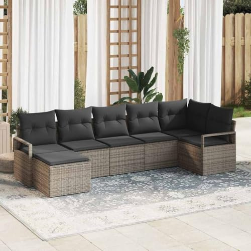 Mandloder Garten Sofa Set 7-teilig, Grau Poly-Rattan, Modular, UV-beständig, wetterfest, für Terrasse & Balkon, 6 Personen Sitzgruppe