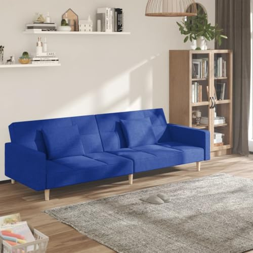 RMIHSJG Schlafsofa 2-Sitzer mit 2 Kissen Blau Stoff Bettsofa Klappsofa für Wohnzimmer Gästebett mit robustem Holzrahmen und atmungsaktivem Bezug