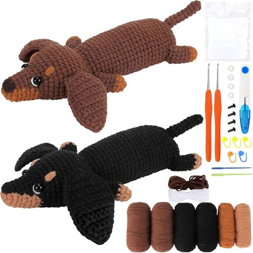MIUUIPI Häkelset für Anfänger, Häkelset Tiere, Crochet Set, Häkeln Tier Kit Komplett Dackel Hund Häkeln mit Haken, Garn und Schritt-für-Schritt Videoanleitungen, Häkelnadel-Set Häkel-Starter-Kit