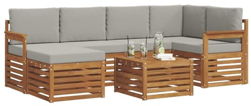 vidaXL Sofagarnituren 7 pcs Natürlich und Hellgrau Massivholz Akazie, Gartenmöbel, modernes Sofa für draußen, modulare Loungemöbel, langlebige Terrassensitze und Komfort