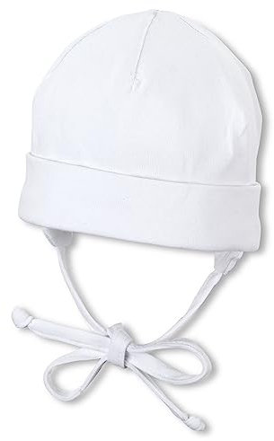 Sterntaler OCS Beanie Baby Mütze mit Ohrenklappen & Bindeband, Bio-Baumwolle, Singlejersey, Unisex, Größe 41, weiß, Mütze mit Umschlag, GOTS-zertifiziert