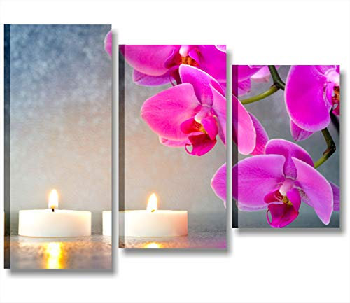 Quadri L&C ITALIA Zen Candele Orchidea - Quadro Bagno Moderno con Fiori Rosa Viola 85 x 60 Centro Estetico Benessere Stampa su Tela da Parete Multipannello 3 Pezzi
