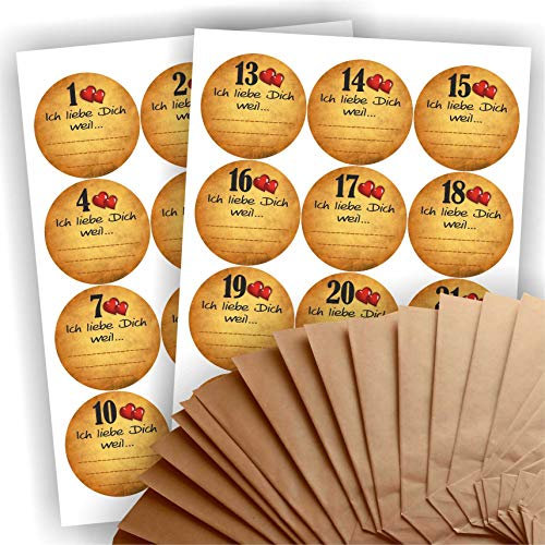 Adventskalender zum Befüllen 24 braune Geschenktüten Natron- oder Kraftpapiertüten + 24 Aufkleber Ich liebe Dich, weil... zum selbst Beschriften Papiertüte DIY Zahlen Adventskalenderzahlen