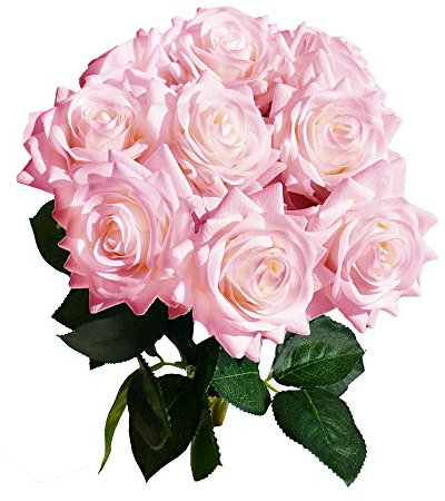 Mandy's 10 Stück hellrosa künstliche Seidenrosen, fühlen sich echt an, für Valentinstag, Muttertag, Ostern, Heimdekoration, Brautstrauß und Partys