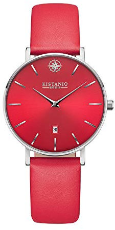 Kistanio Damenuhr Petit Edelstahl Saphirglas mit rotem Lederband SI-RTS-L-RTN