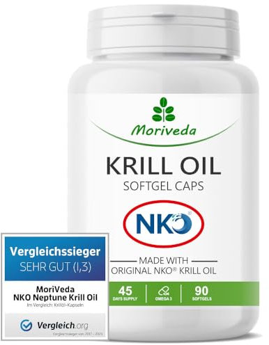 NKO® capsules liquides d'huile de krill - oméga 3, 6, 9 - riche en EPA et DHA - astaxanthine, vitamine E, choline et phospholipides - cœur, système immunitaire, mémoire - 90 pièces par MoriVeda