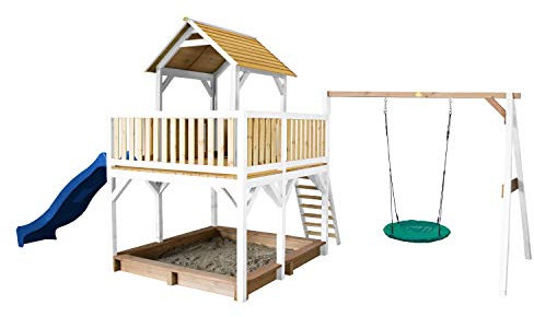 AXI Spielhaus Atka mit Sandkasten, Nestschaukel & Blauer Rutsche | Stelzenhaus in Braun & Weiß aus FSC Holz für Kinder | Spielturm mit Wellenrutsche & Schaukel für den Garten