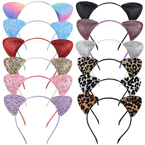 Frcolor Katzenohren Stirnband, Glitter Pailletten Ohr Stirnbänder Metall Haarbänder für die tägliche Party, 12er Pack (Double-sided Glitter)