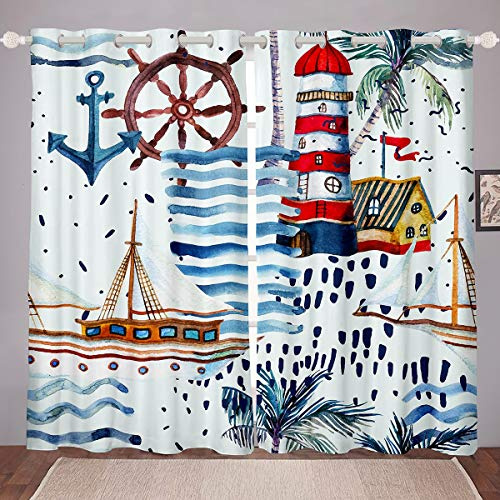 Loussiesd Nautical Decor Window Curtain Panels for Girls Boys Children Sailboat Anchor Rudder Window Drapes Ocean Themed Blackout Drapes Palm Leaf Curtains Sea Adventure W46*L54