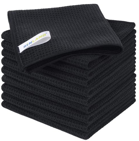 SINLAND Thick Microfiber Waffle Weave Dish Cloths Dishcloths Washcloths Facial Cloths(Deep Color) (Black x 10)