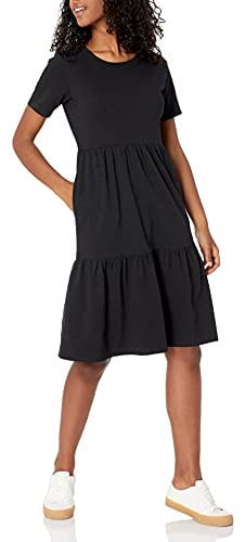 Amazon Essentials Women's Short-Sleeve Crewneck Tiered Dress, Black, S