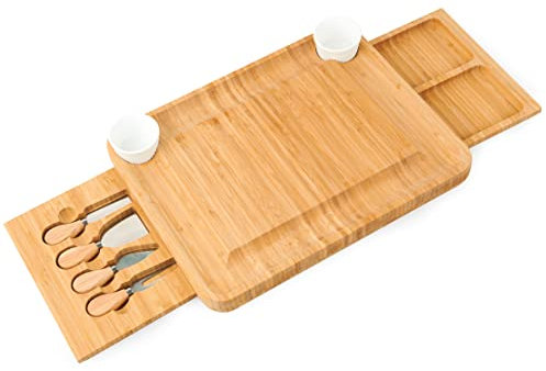 Bambus Käsebrett Set, Käseheber aus Holz mit Schublade, Obst Essen Brett-Set, Käseplatte Tablett für Wein, Cracker, Brie, und Fleisch