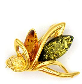 PMBER25_GOLD - Spilla in ambra per donna in argento placcato oro